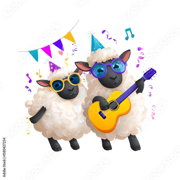 Obraz Fun cartoon sheep with musical instruments.