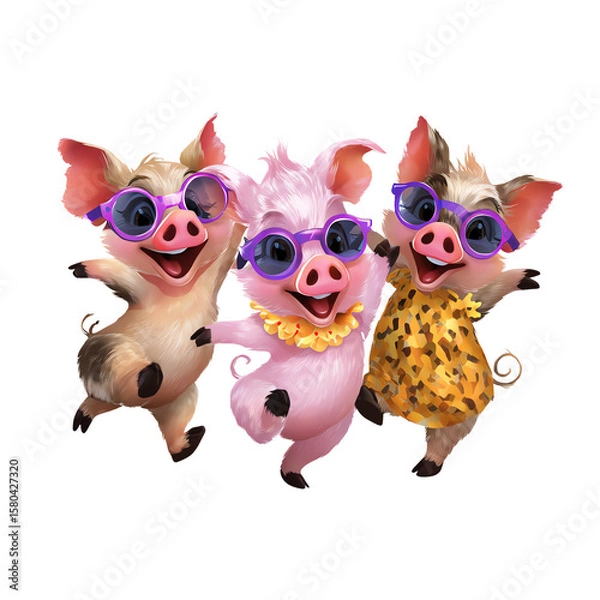 Obraz Playful cartoon pigs in colorful accessories.