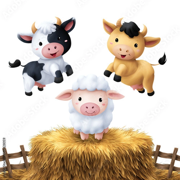 Obraz Cartoon farm animals on a haystack.