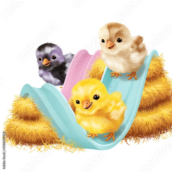 Obraz Cute chicks playing on a colorful slide.