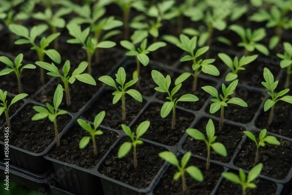 Fototapeta Young plant seedlings stored in drawers with tomato sprouts and fresh agricultural foliage
