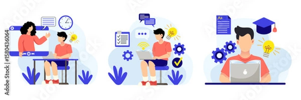 Fototapeta Online learning, students studying via laptop and video tutorials, digital education, virtual classroom, and e-learning technology vector flat illustration concept