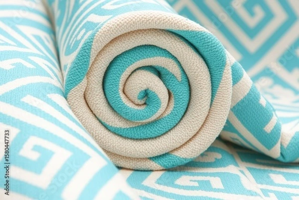 Fototapeta Close-up of a rolled-up beach towel with a turquoise and white geometric pattern