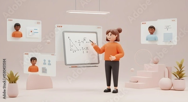 Fototapeta Interactive Digital Presentation Environment Featuring Woman Engaging with Virtual Team in Modern Workspace