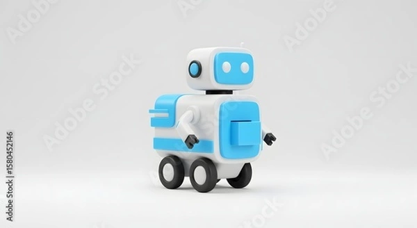 Obraz Playful Cartoon Robot with Blue and White Design Featuring Friendly Design and Simple Mechanics