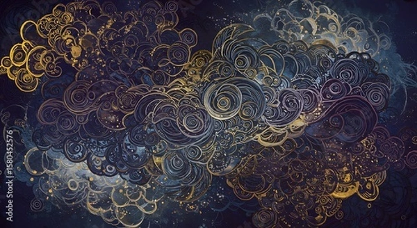 Fototapeta Starry Night Sky with Gold Swirls and Twinkling Lights in Abstract Cosmic Landscape