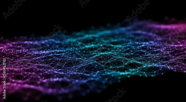 Fototapeta Abstract Digital Waves Creating Neon Light Patterns with Glowing Connections in Dark Background