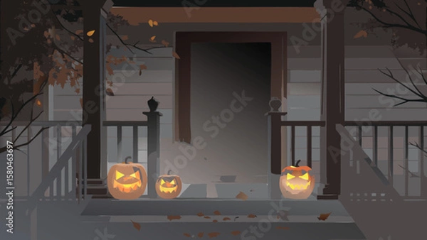 Fototapeta Three jack o lanterns on a porch with falling leaves and a closed door in a halloween night scene view