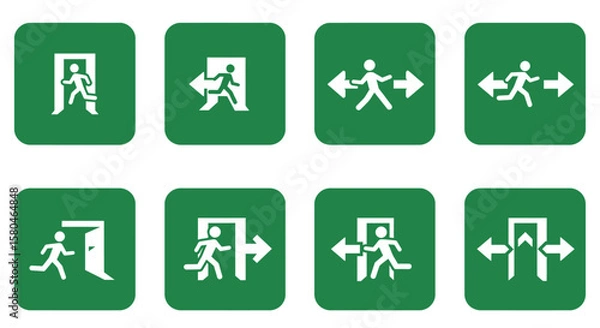 Fototapeta Navigational Safety Symbols: A comprehensive collection of safety exit signs, meticulously designed to provide instant, universal guidance in emergency situations, ensuring clarity and safety.