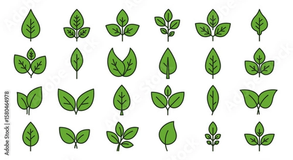 Fototapeta Green Leaf Icons Collection: A diverse set of minimalistic green leaf icons, perfect for eco-friendly branding, nature-themed designs, and botanical illustrations.
