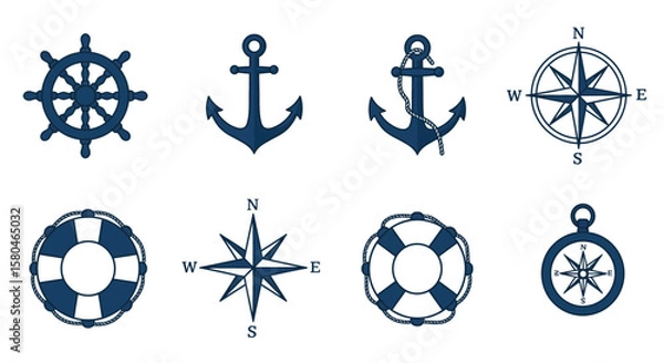 Fototapeta Nautical Elements: A collection of classic nautical elements, rendered in a striking style. This image showcases iconic symbols of seafaring and maritime adventure.