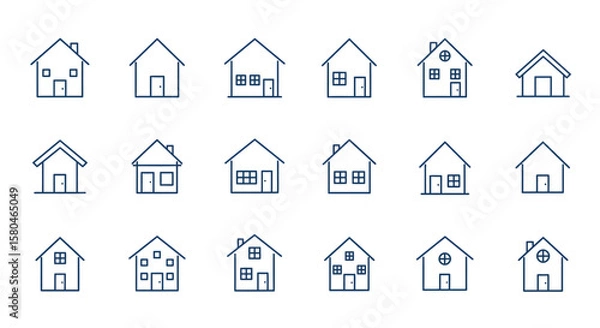 Fototapeta House Icons Set: A comprehensive collection of diverse house icons, featuring a minimalist, graphic design style, ideal for real estate, architectural, and design-related projects.