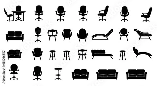 Fototapeta Diverse Array of Furnitures: A comprehensive showcase of furniture silhouettes, presenting a range of chairs, sofas, and more, meticulously arranged to offer versatile design options.