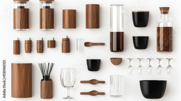 Fototapeta Collection of modern kitchenware featuring wooden and black elements, including containers, glasses, and utensils, showcasing elegant design