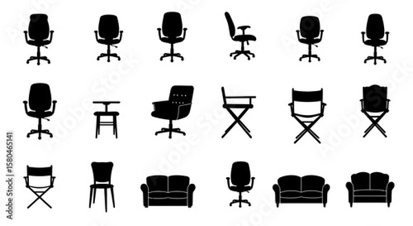Fototapeta Chair Collection: A diverse set of chair silhouettes, including office chairs, director's chairs, and sofas, ideal for design projects or presentations.