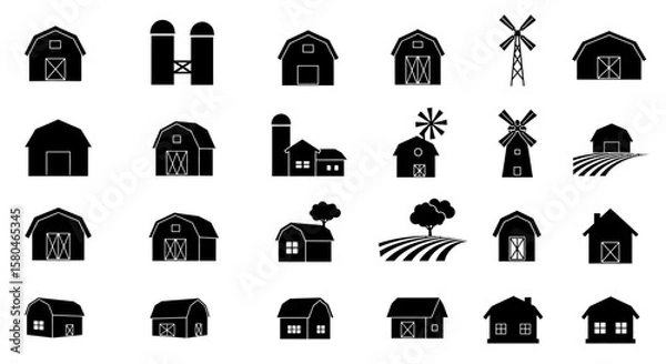 Fototapeta Farm Silhouette Icons: A collection of diverse and stylish silhouette icons that encapsulate the essence of rustic charm and rural landscapes, showcasing farm buildings, windmills, and fields.