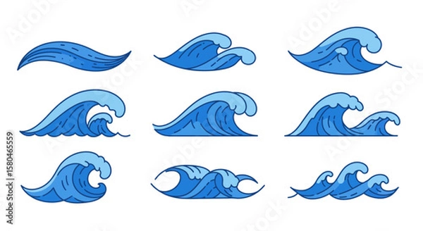 Fototapeta Ocean Wave Set: A collection of twelve unique stylized ocean wave illustrations, perfect for adding a nautical touch to your designs.  Each wave is rendered in a simple, elegant style.