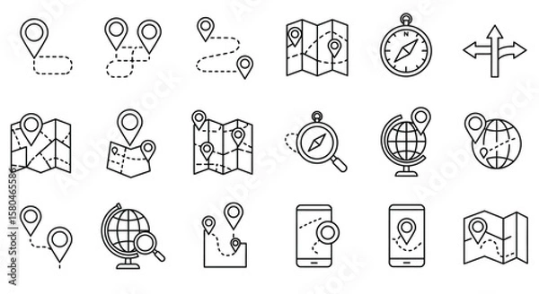 Fototapeta Navigational Icons: A collection of minimalistic icons representing travel elements like maps, location markers, compasses, and globes, all essential for exploration. 