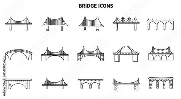 Fototapeta Bridge Icon Set: Collection of various bridge types illustrations, including arch bridges, suspension bridges, and beam bridges. Perfect for construction, engineering, and transportation projects.