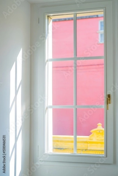 Fototapeta White window frame with pink building view bright light interior design home decor