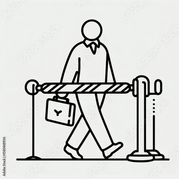 Fototapeta  retractable barrier.  Businessman walking through a barrier with a briefcase in a minimalistic style