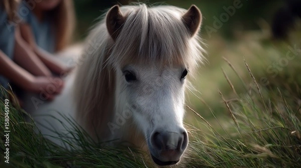 Fototapeta Shetland pony in a grassy field, kids gently petting it in a soft natural light.