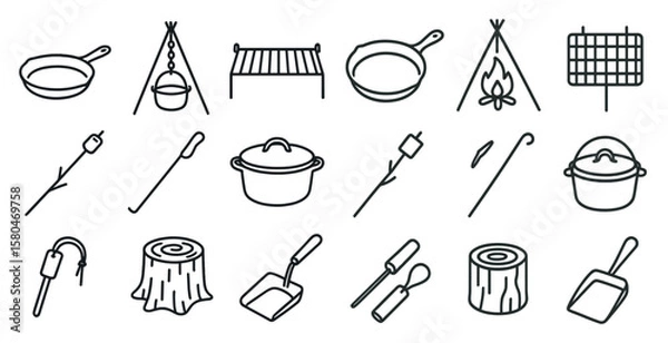 Fototapeta Collection of cooking utensils and tools, including a pan, a spatula, and a shovel