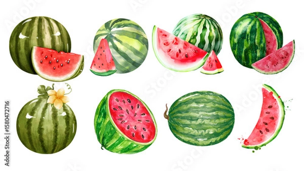 Fototapeta Set of watermelon in watercolor style and various artstyle