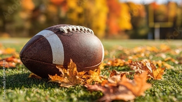 Fototapeta A football rests on a field covered with autumn leaves, with blurred goalposts and colorful fall trees in the background