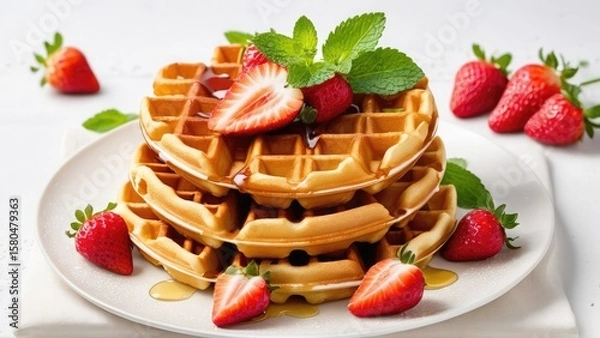 Fototapeta Golden crispy Belgian waffles stacked on a white ceramic plate with dripping maple syrup, fresh strawberries, and mint leaves. Delicious breakfast concept on white background, cafe, menu, restaurant