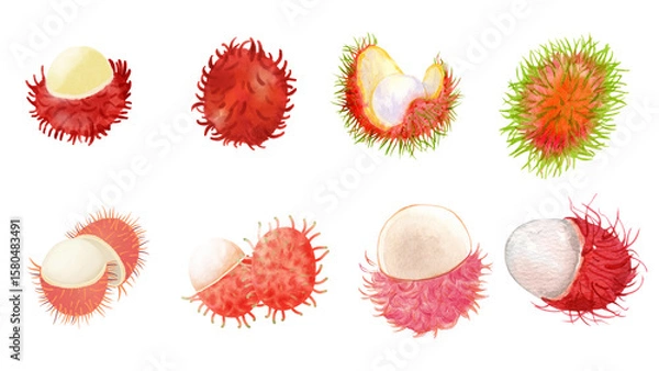 Fototapeta Set of rambutan in watercolor style and various artstyle