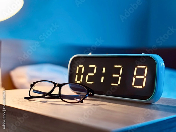 Obraz Pir of glasses and a digital alarm clock on a bedside table showing the time in the early hours of the morning