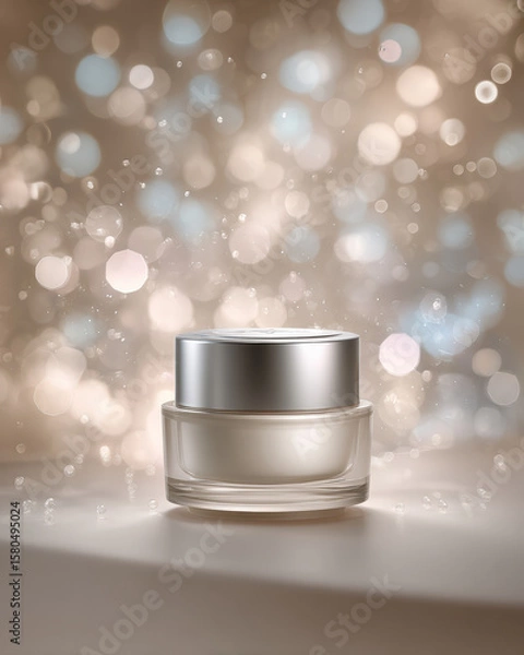 Obraz Luxurious cream jar elegantly displayed in soft, blurred background filled with shimmering bokeh lights. delicate design and smooth surface evoke sense of sophistication and beauty