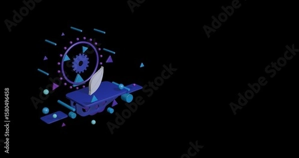 Fototapeta White leaflet symbol on a pedestal of abstract geometric shapes floating in the air. Abstract concept art with flying shapes on the left. 3d illustration on black background