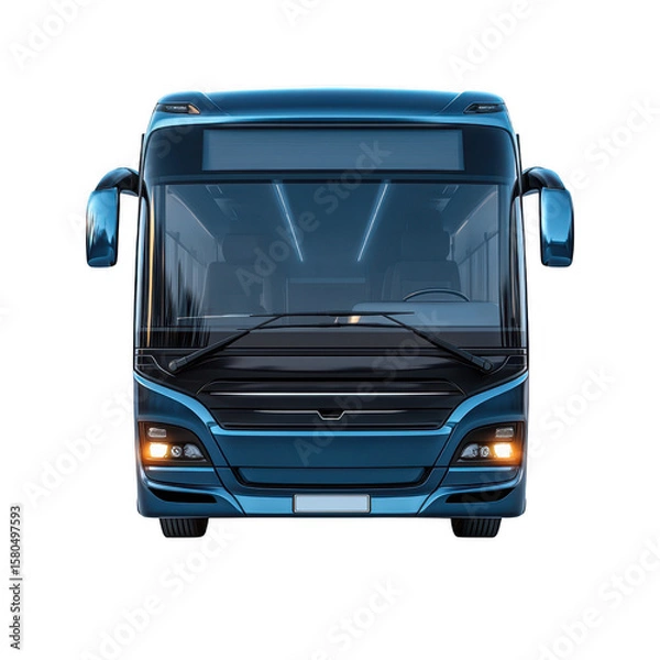 Obraz Front view of a new blue bus isolated on a cutout PNG transparent background
