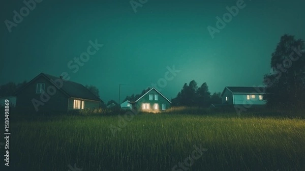 Fototapeta Rural Houses at Night with Glowing Windows 