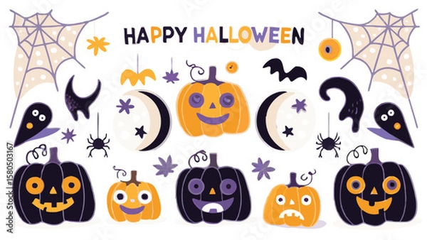 Fototapeta Happy halloween themed illustration with pumpkins, ghosts, moons, and spider webs artfully arranged