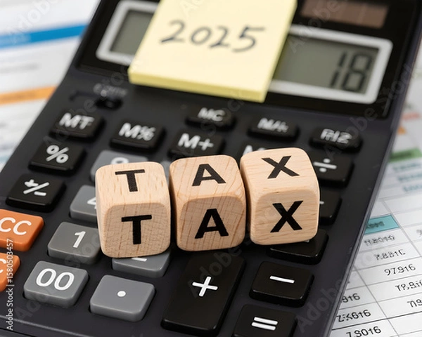 Fototapeta TAX written on wooden cubes over a calculator with spreadsheets and a sticky note reading 2025, symbolizing future tax planning, accounting and finance