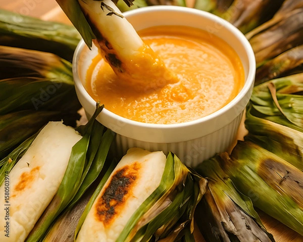 Fototapeta Otak-Otak is a traditional Indonesian fish cake made from minced fish wrapped in banana leaf, grilled, and served with peanut sauce