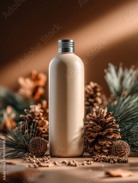Obraz Brown bottle with pine cones and greenery in autumn setting  concept of mockup photography  