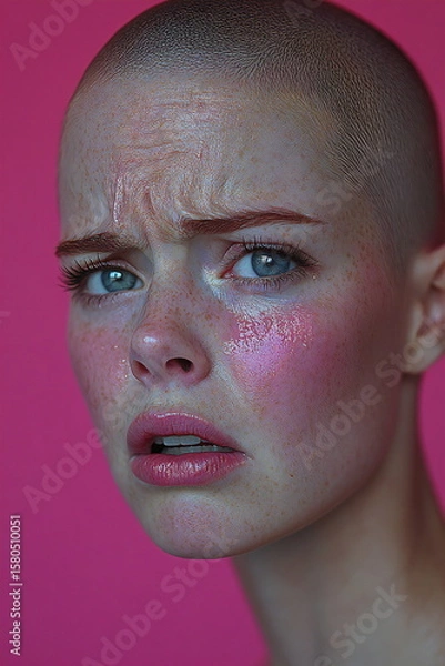 Obraz Emotional close-up of a woman with a shaved head expressing concern against a vibrant pink background