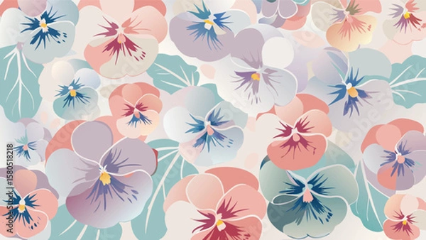 Fototapeta Floral pattern with pastel colored pansies and leaves creating a soft and gentle background design effect