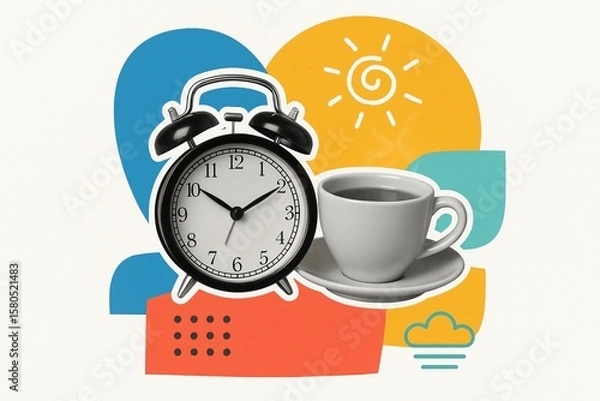 Obraz modern collage of  retro alarm clock and steaming coffee cup on colorful abstract geometric background symbolizing morning  time and relaxation