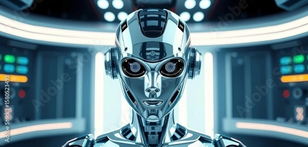 Fototapeta Sleek chrome medical robot, advanced tools, futuristic design,  futuristic robot,  sterile