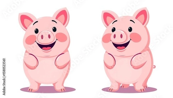 Fototapeta Smiling pink piggy banks, front and side views, flat vector design, business illustration,  financial,  happy