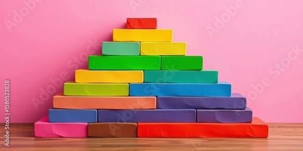 Fototapeta Stack of colorful blocks forming ascending steps, illustrating growth and support,  abstract,  strategy