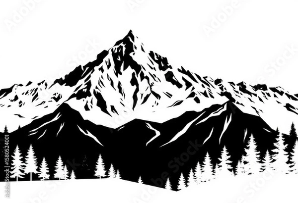 Fototapeta Stylized black and white mountain range with minimalist trees, stencil effect,  artwork,  mountains