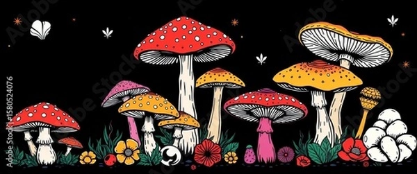 Fototapeta Stylized mushroom collection, linear art tattoo design, edible & psychedelic varieties ,  vector,  simple