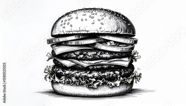 Fototapeta Detailed black ink sketch of a burger with layers labeled, isolated on white background, minimalistic food illustration layout for menu or branding design