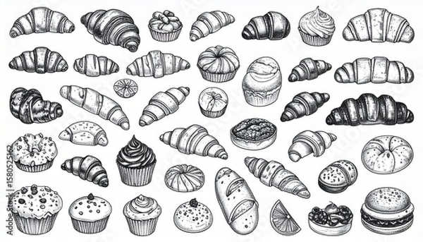 Fototapeta Line drawing of various bakery items like croissants, bread, and muffins arranged aesthetically on white background, black contour lines